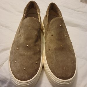 AGL Tan, studed, platform slip-ons